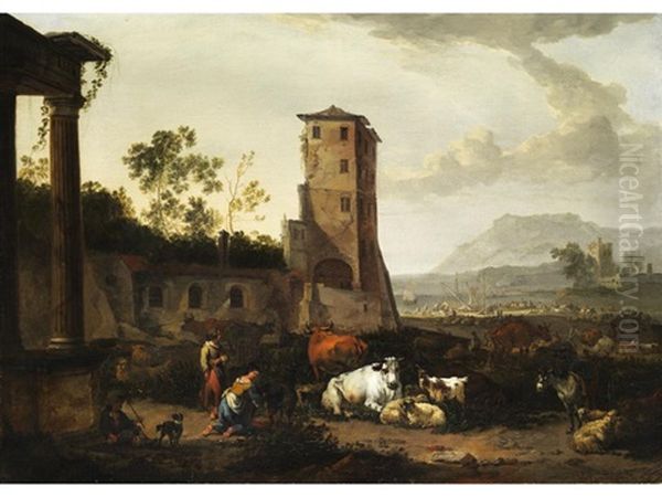 Fantasielandschaft Mit Antiken Ruinen Und Hirtenidylle - view 1