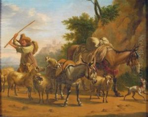 Southern Landscape With Herdsman Driving His Flock by Johannes van der Bent