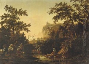 An Italianate Landscape With A Peasant Family And Their Cattle Fording A Stream, A Fortress On A Rock Beyond by Johannes van der Bent
