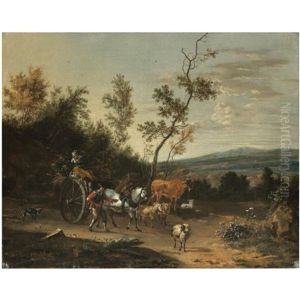 Travellers With A Horse And Cart Passing Through An Extensive Landscape by Johannes van der Bent