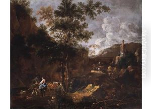 Felsige, Sudliche Landschaft Mit Ruine, Kuhhirten, Reisigsammlern Und Wanderern