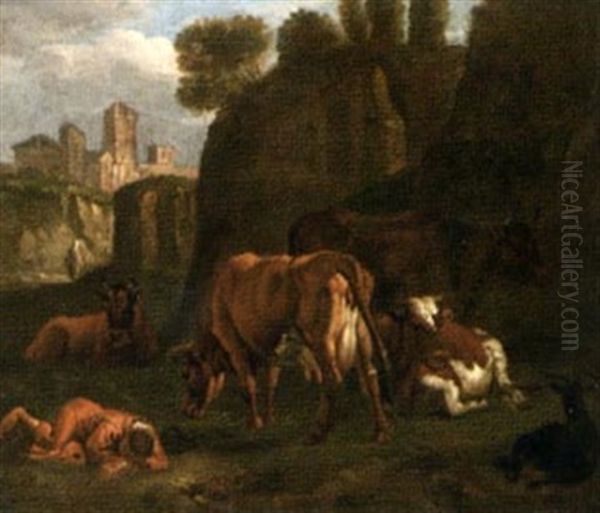 Italieniserande Landskap Med Herde Och Boskap - view 1