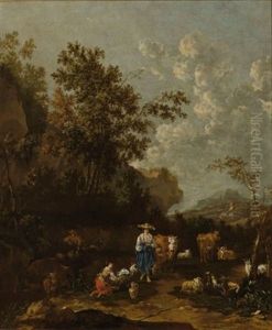 A Wooded Italianate Landscape With Shepherds, A Shepherdess Milking A Goat, Surrounded By Their Herd Of Cows, Sheep And Goats by Johannes van der Bent
