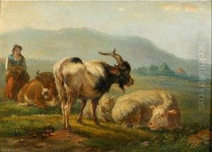 Landschaft Mit Hirtin, Kuh, Ziege Und Schafen by Johannes van der Bent