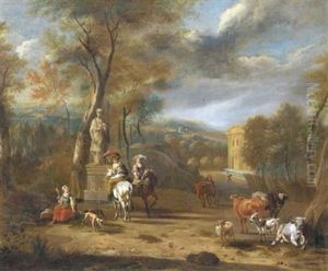 Elegant Company On Horseback By A Fountain In A Wooded Landscape by Johannes van der Bent