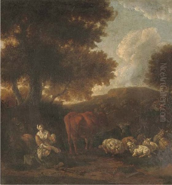 A Wooded Landscape With Herdsmen And Cattle Resting - view 1