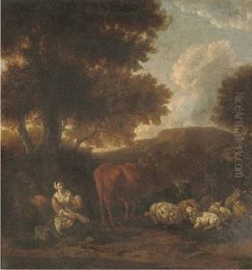 A Wooded Landscape With Herdsmen And Cattle Resting by Johannes van der Bent
