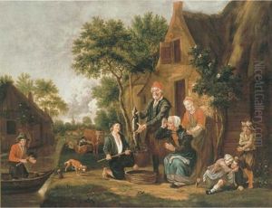 Fishermen Selling Their Catch At A Riverside Cottage by Johannes van der Bent