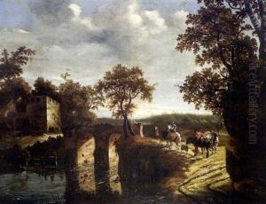 Le Paysage Au Pont De Pierre Avec Trois Paysans by Johannes van der Bent