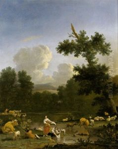 Wascherinnen Und Ein Hirte Mit Seiner Herde In Einer Bewaldeten Landschaft An Einem Teich thumbnail