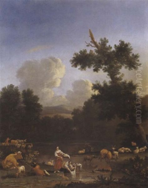 Wascherinnen Und Ein Hirt Mit Seiner Herde In Einer Bewaldeten Landschaft An Einem Teich - view 1