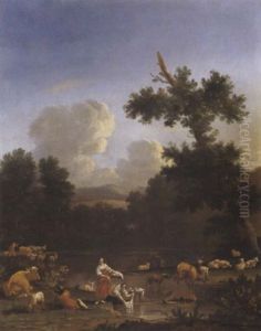 Wascherinnen Und Ein Hirt Mit Seiner Herde In Einer Bewaldeten Landschaft An Einem Teich by Johannes van der Bent