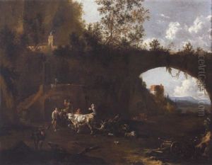 Peasants And Livestock Outside A Rustic Dwelling In The Roman Campagna, Beside A Ruined Arch And Tower by Johannes van der Bent