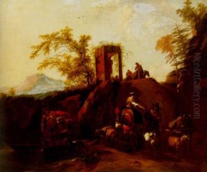Travellers Watering Their Horses And Conversing With A Shepherd By His Livestock, Other Shepherds Adoring A Shrine Nearby, Mountains Beyond