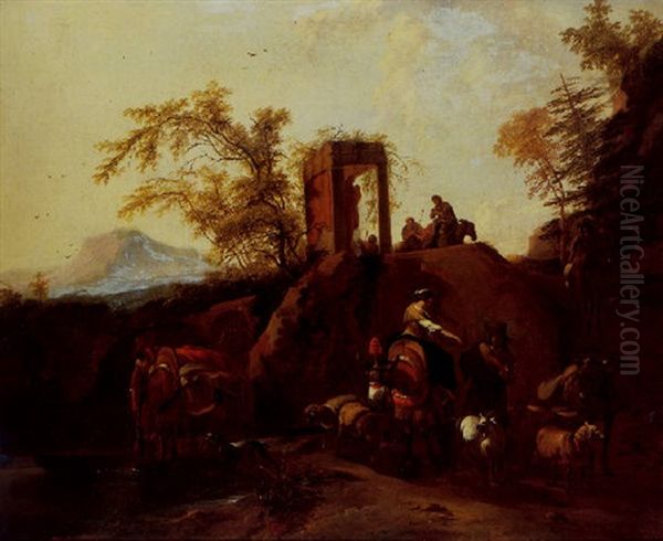 Travellers Watering Their Horses And Conversing With Shepherds And Their Livestock, Mountains Beyond - view 1