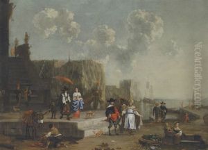 A Capriccio Of A Mediterranean Harbour With Elegant Travellers, A Moor And An Oriental Merchants, And Other Figures by Johannes van der Bent