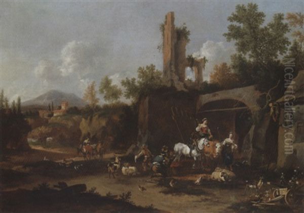 An Italianate Landscape With Peasants At A Forge Among Roman Ruins by Johannes van der Bent