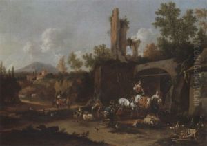 An Italianate Landscape With Peasants At A Forge Among Roman Ruins