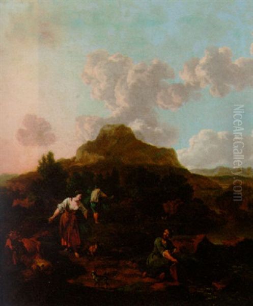 A Rocky Italianate Landscape With Harvesters, Cattle And A Dog By Stream - view 1