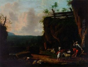 A Drover Resting With Cattle, Sheep And A Horse With Children Playing With A Ewe In A Landscape by Johannes van der Bent