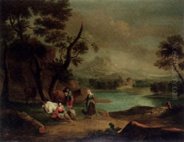 A Drover With Cattle And A Traveller Resting In A River Landscape - view 1