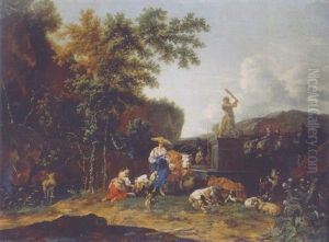 A Shepherdess And A Milkmaid By A Fountain Mounted By A Sculpture Of Hercules Slaying The Hydra, In An Italianate Landscape