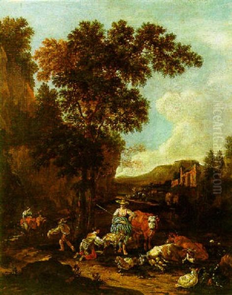 An Italianate River Landscape With Figures And Cattle Resting By Ruins - view 1