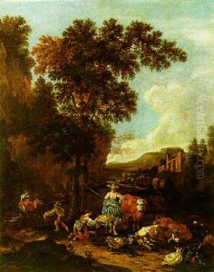 An Italianate River Landscape With Figures And Cattle Resting By Ruins by Johannes van der Bent