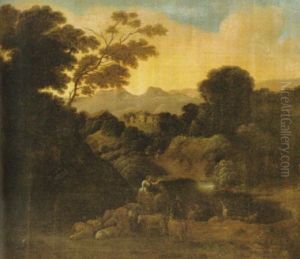 Sylandskt Landskap Med Herdepar Vid Boskap by Johannes van der Bent