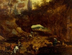 A Rocky Landscape With Drovers On A Track by Johannes van der Bent