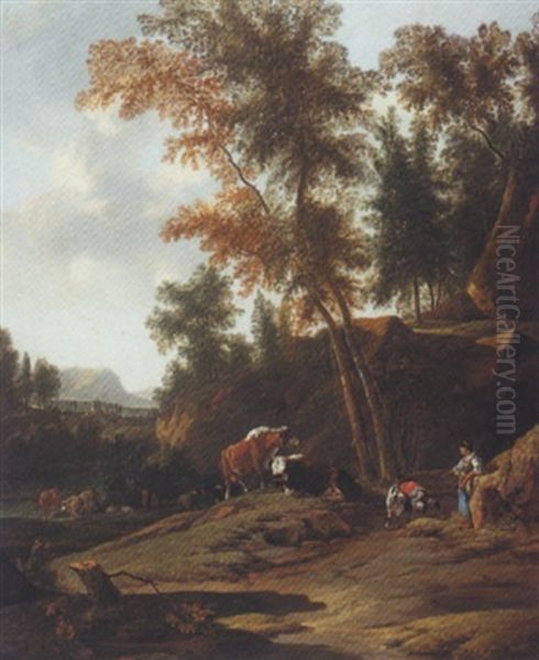 Wooded Landscape With A Shepherdess And Her Flock - view 1