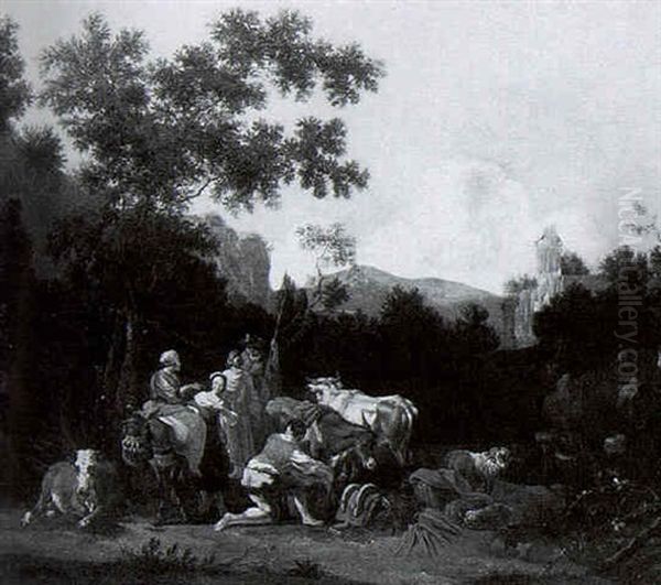 Italianate Landscape With Travellers Pausing With Their Animals By A Stream - view 1