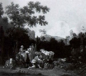 Italianate Landscape With Travellers Pausing With Their Animals By A Stream by Johannes van der Bent