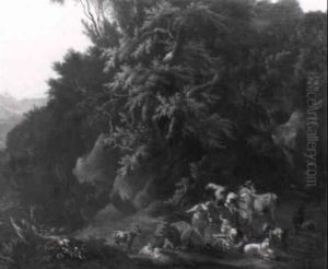 Zwei Hirtinnen Mit Vieh Vor Waldlandschaft Zwei Hirtinnen Mit Vieh Vor Waldlandschaft