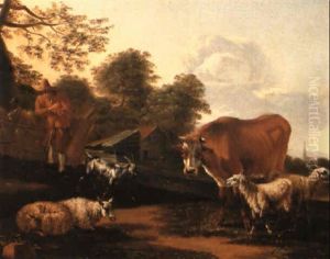 A Shepherd Leaning On A Fence With Farm Animals Nearby