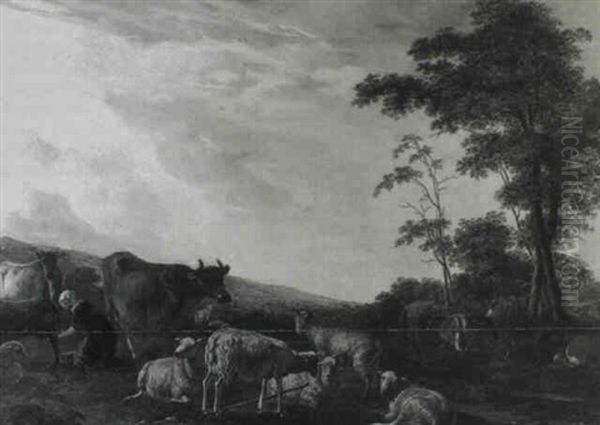 A Milkmaid With Cattle, Sheep And Goats In An Italianate Landscape - view 1