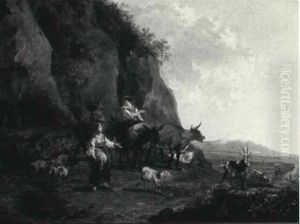Peasants In An Extensive Southern Landscape by Johannes van der Bent