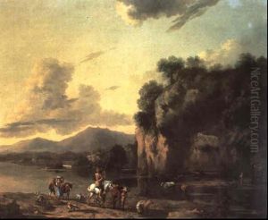 Hirten Mit Vieh An Der Furt Am Fluss Bei Einem Von Pflanzen Uberwucherten Felsentor Rechts by Johannes van der Bent