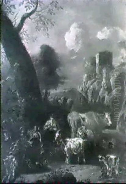 Hirtin Mit Ziegen, Schaf Und Kuh In Waldiger Berglandschaft Mit Einer Burg Rechts - view 1
