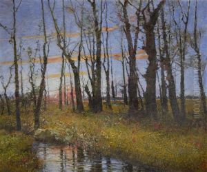 Woodland Scene At Sunset by Cesare Bentivoglio