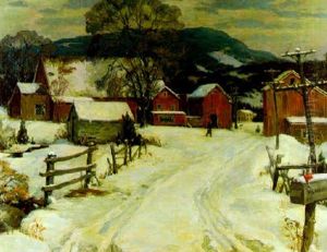 Winter Landscape With Red Cabin