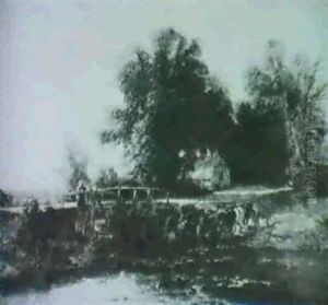A Logcart Crossing A Ford Withchildren On A Wooden Bridge
