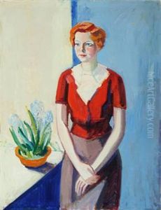 Portrait Of Woman In Red Cardigan At A Window by Axel Bentzen