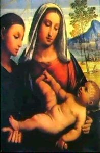 The Madonna And Child With A Female Martyr Saint In A Landscape by Giovan Battista Benvenuti