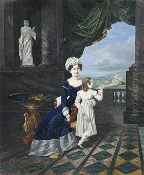 Mere Et Sa Fille Sur La Terrasse D'un Palais A Colonnade - view 1