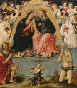 Marienkronung Mit Der Heiligen Ursula, Dem Heiligen Bernhard Von Chiaravalle, Dem Heiligen Benedikt Und Den Heiligen Onophrius Und Johannes Dem Taufer by Girolamo di Benvenuto del Guasta