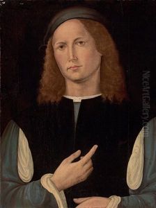 Portrait Of A Young Man In A Blue Doublet And Hat And A Black Jacket by Girolamo di Benvenuto del Guasta
