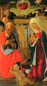 The Nativity, With The Annunciation To The Shepherds In The Distance by Benvenuto di Giovanni