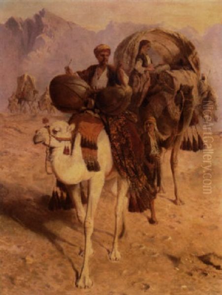 A Caravan Of Camels Crossing The Desert Mountains Beyond - view 1