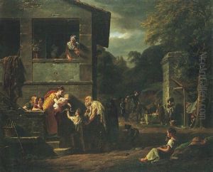 A Blind Beggar Accompanied By A Small Boy Outside A House, Washerwomen And Other Figures Watching Beyond